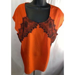 Lane Bryant Womens 14/16 Blouse Red Short Sleeve Polyester Black Lace on Front